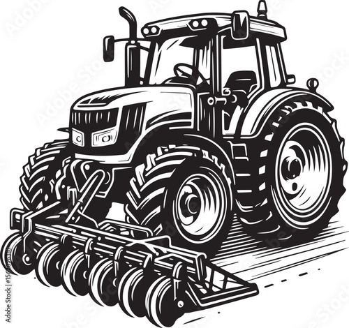 Modern farm tractor with agricultural plow working in field. new 2025 trendy .