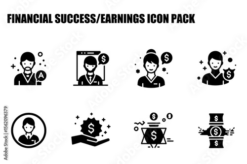 Financial success/earnings icons for diverse professionals in various settings. Business people and professionals with various financial success achievements in a variety of settings.