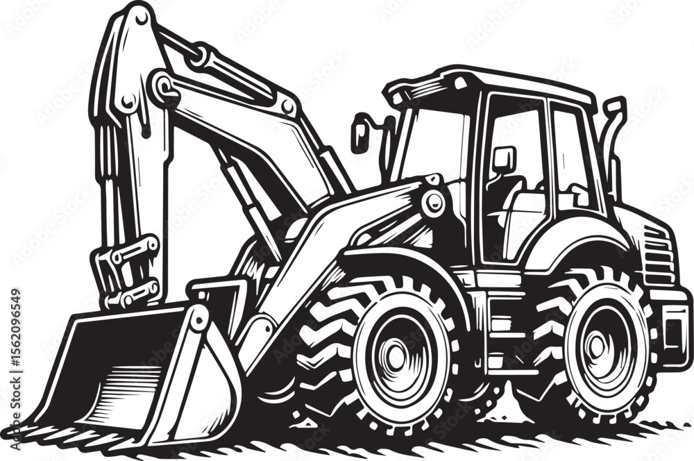 Fototapeta premium Heavy Duty Construction Vehicle, Excavator Backhoe Loader Silhouette Vector Illustration. new 2025 trendy.