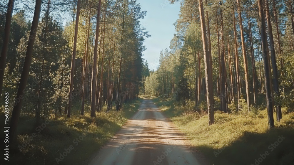 Fototapeta premium Rural road on the forest full of tall trees on a sunny summer day