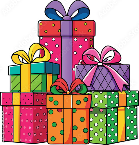 gift boxes vector illustration,Colorful Stack of Wrapped Gift Boxes with Ribbons and Bows new 2025 trendy,Colorful Gift Boxes Vector Illustration  Present Packaged with Ribbons and Bows