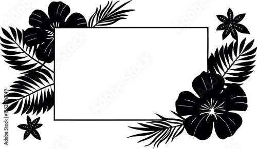Tropical floral frame with blank space for text featuring hibiscus flowers and palm leaves in black and white vector illustration for design