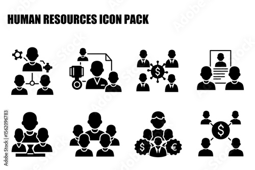 Human resources icons in a diverse collection of business settings. Simplified figures in various organizational interactions with monetary and hierarchical elements.