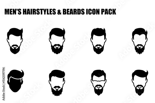 Men's various hairstyles and beards in different styles displayed as icons. Diverse male head portraits showing different haircuts and beard styles against a plain white background.