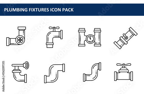 Plumbing fixtures icon set depicting various types of pipes, valves, and connections. Line drawing illustrations of different plumbing components against a white background.