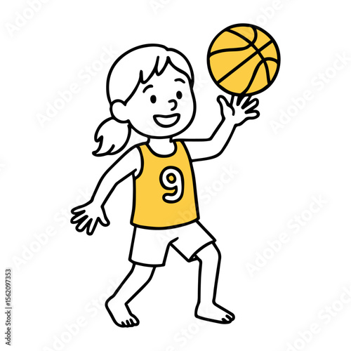 Energetic Girl Playing Basketball in Yellow Jersey. Child Athlete, Cheerful Sporty Kid, Youth Sport, Active Sports Moment for Kids Vector Illustration