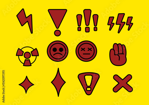 Various Warning and Danger Symbols Illustrations on a Yellow Background. Red illustrations of common danger and attention symbols, displayed on a bright yellow canvas to convey caution.