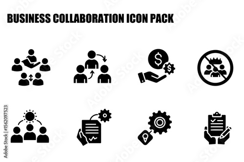 Business collaboration icon pack depicting various business scenarios in a simple, graphic style.