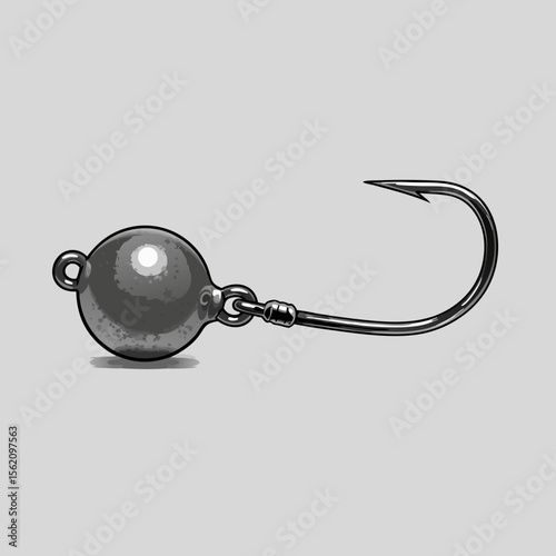Fishing hook with round weight on grey background  