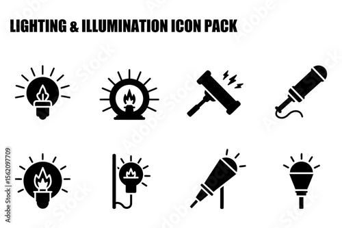 Lighting and illumination icons in various styles. Simple black and white icons depicting different lighting technologies with a focus on the source of light.
