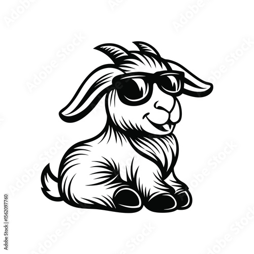 Cool monochrome goat mascot with sunglasses sits relaxed against a white backdrop