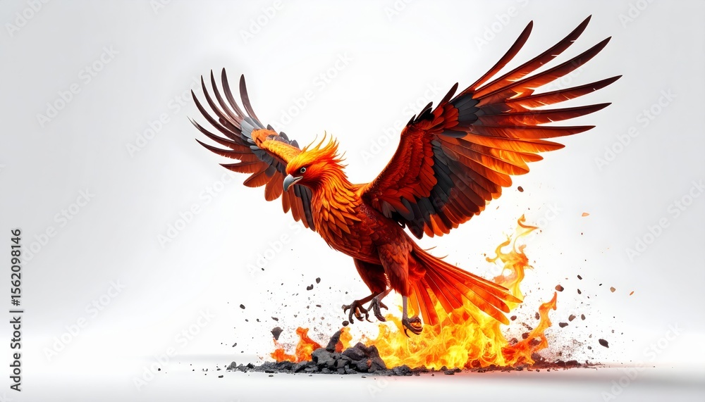 Obraz premium A vibrant phoenix emerges from flames, isolated on white background