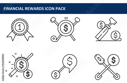 Financial rewards icon pack with various representations of financial gains and achievement. Simple line art illustrations showcasing different monetary and award imagery.