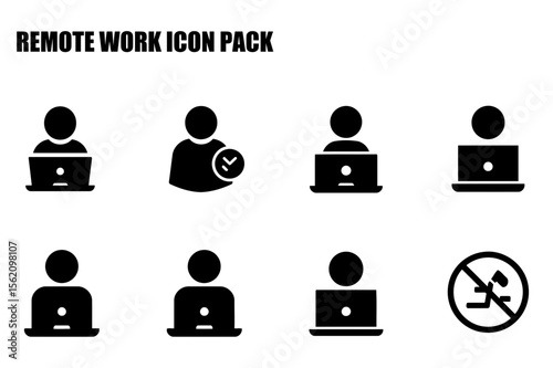 Remote work icon pack showcasing various user actions while working from home. Diverse people working remotely on laptops in a simple, symbolic graphic design.