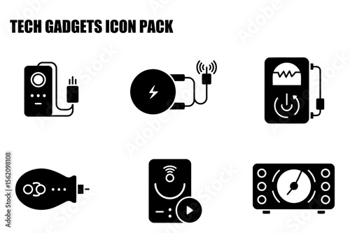 Tech Gadgets Icon Pack. Black and white illustrations of various electronic devices in different poses.