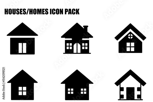 Black and white silhouettes of various house icons. Collection of simple house shapes in different styles, ideal for use in real estate, construction, or design projects.