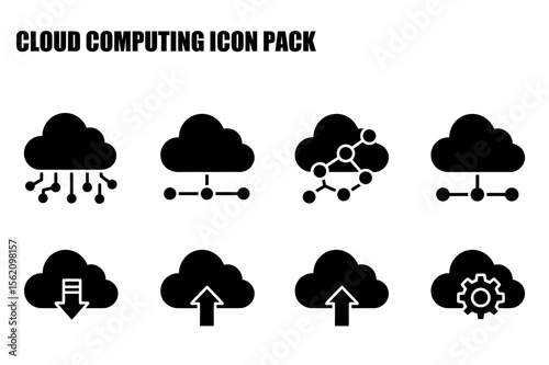 Cloud computing icons depicting various actions. Simple, black icons for download, upload, network connectivity, and configuration within cloud environments.