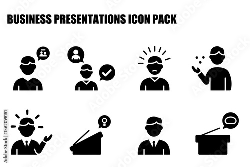 Business presentations icon pack showing diverse professional interactions in a simple, flat design.