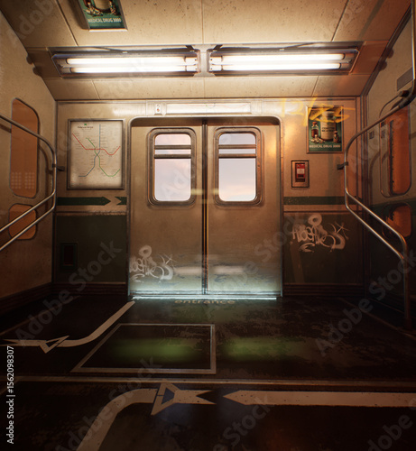 3D rendered interior of a cyber punk train in daylight as a background image