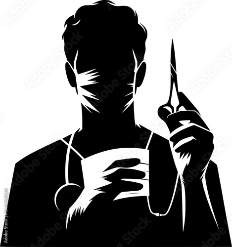 Silhouette of surgeon with mask holding a scalpel
