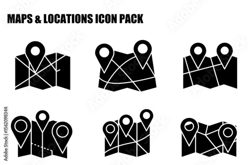Black and white map icons with location pins. Collection of various map layouts with different location pin positions. Set of digital graphic icons for general use -