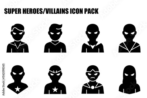 Generic superhero/villain icon set featuring various characters in superhero/villain attire. Stylized portraits against a white background.