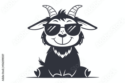 Cute goat with sunglasses seated and smiling looks adorable in this monochrome image