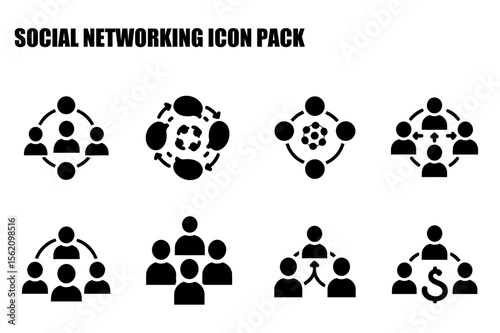 Social networking icons set in a variety of configurations representing connections, communication, and collaborations. Group interactions and relationships depicted in a flat, solid black style.
