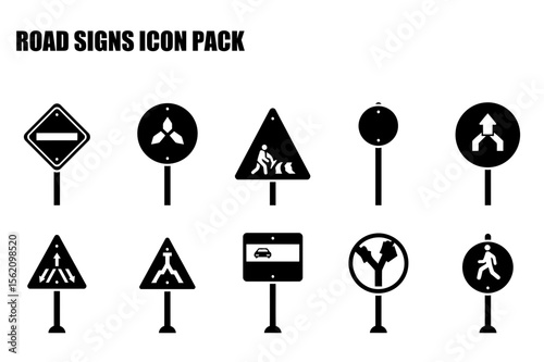 Road sign icons for a traffic safety infographic in a universal design. Collection of diverse road signs for various warnings, instructions, and road markings on white background.