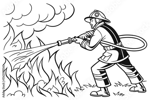 A courageous firefighter hero aiming a water hose to put out a fire. Bold outlines, action scene, black and white line art for a coloring book