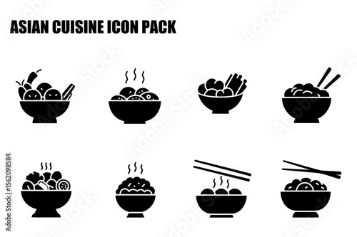 Asian cuisine icon pack depicting various dishes in bowls with steaming vapors and chopsticks. Collection of food items for diverse use in advertising, editorial, or design projects.