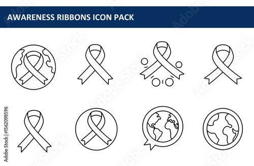 Awareness ribbon icons featuring a global perspective. Simple line drawings of awareness ribbons with global icons, set against a white background.