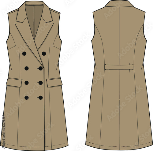 Technical flat cad drawing of sleeveless trench coat, double-breasted design, fashion sketch front and back view, vector illustration, beige color