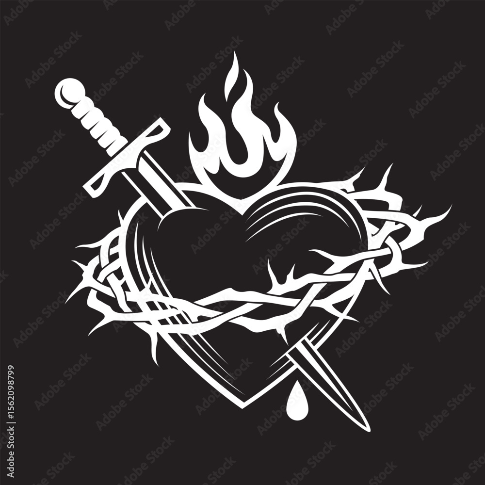 heart, crown of thorns, sword and flame isolated on black background heart, crown of thorns, sword and flame isolated on black background
