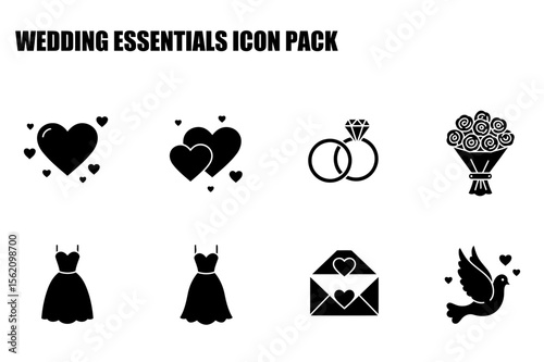 Wedding essentials icons depicting various symbols of love and celebration. Collection of simple, black and white illustrations of wedding items for use as website icons or app graphics.