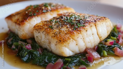 Gourmet seared cod with sautéed greens and onions for a delightful dinner presentation