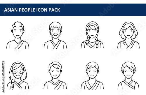 Asian people icon pack, various demographics in casual wear, neutral pose against white background. Diverse group of Asian people in professional roles, specific location unspecified.