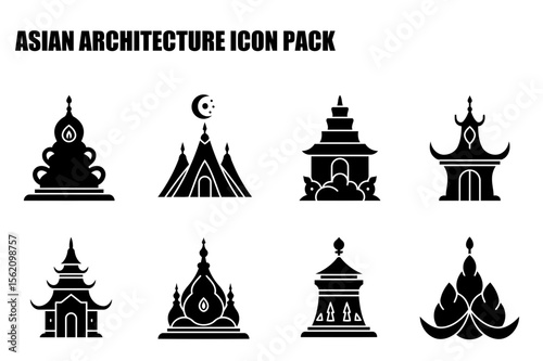 Asian architectural icons in silhouette style. Simple shapes and designs of temples, pagodas, and shrines for use in an architectural design pack.