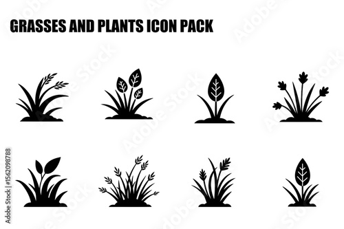 Grass and plant icons for various uses in design. Collection of black and white silhouette plant illustrations showing different types of grasses and plants.