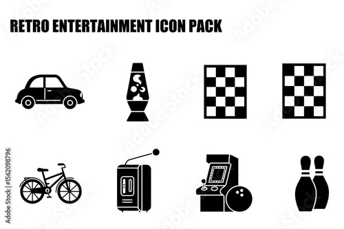 Retro entertainment icons depicting various activities and devices. Collection of classic leisure items displayed against a plain background.