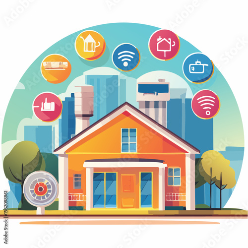 Vector flat icons of smart home tech- thermostat, smart speaker, security camera, smart light