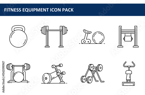 Fitness equipment line icons depicting various gym apparatus in a simple, graphic style. Outline illustrations of kettlebells, barbells, weight benches, exercise bikes, and other gym machines.