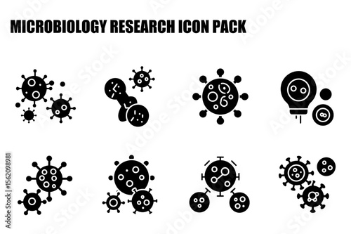 Microbiology research icons in a graphic design layout. Simple illustrations of various microbes and associated research concepts against a plain white backdrop.