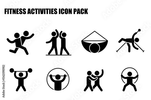 Fitness activities icon pack depicting diverse exercise styles. Generic people figures engaged in various activities against a plain background.