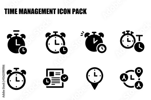 Time management icons in various forms, showing different aspects of scheduling, organization and efficiency.