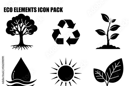 Eco elements icon pack showing tree, recycle symbol, sapling, water droplet, sun, and leaves. Simple black and white graphic icons for environmental or sustainability themes.