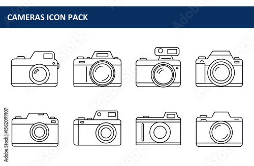 Line art illustration of various camera models in a flat design style. Simple outlines of cameras in various styles.