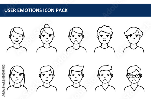 Diverse people displaying various emotions in simple line art profile views. Collection of generic avatars showcasing different moods.