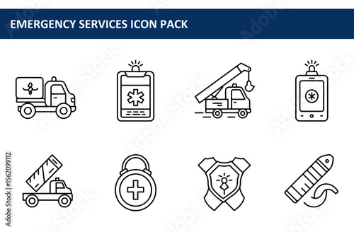Emergency services icons set depicting various vehicles and equipment, in a line art style. Emergency vehicle fleet for first responder professionals in a general, unspecified location.