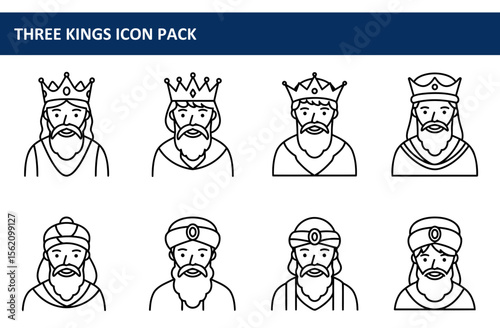 Three male figures in regal attire, representing the Three Kings, displayed as line art icons.